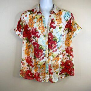 Vintage Womens COTTAGECORE FLORAL Button Up Top Size 1X Multicolor SHEER Blouse